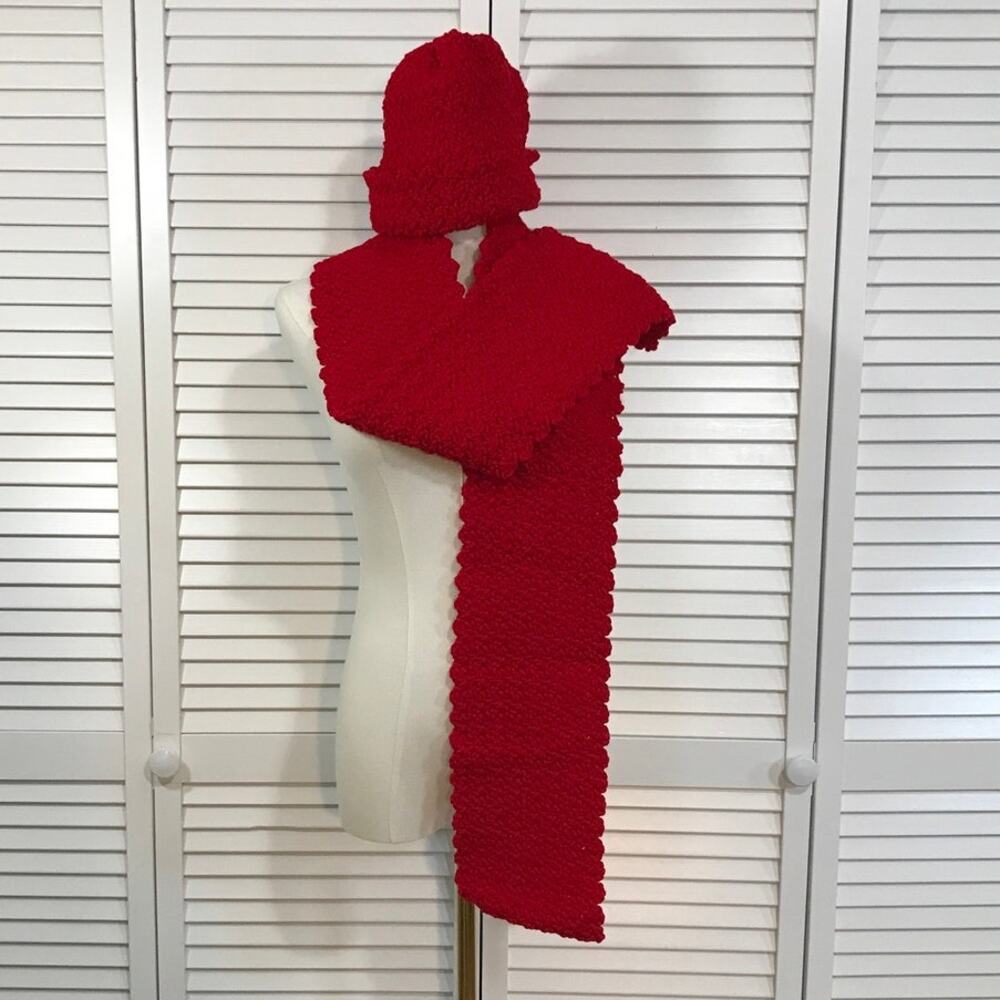 NWT Crochet Boho Cottage Bright Red Beanie Scarf 65” Textured Winter Set
